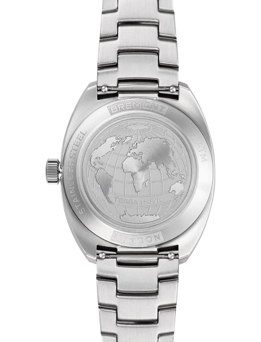 Stainless steel watch back with engraved world map and Terra Nova branding, London inscription