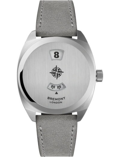 Bremont wristwatch with stainless steel case, date window showing 8, and gray leather strap.