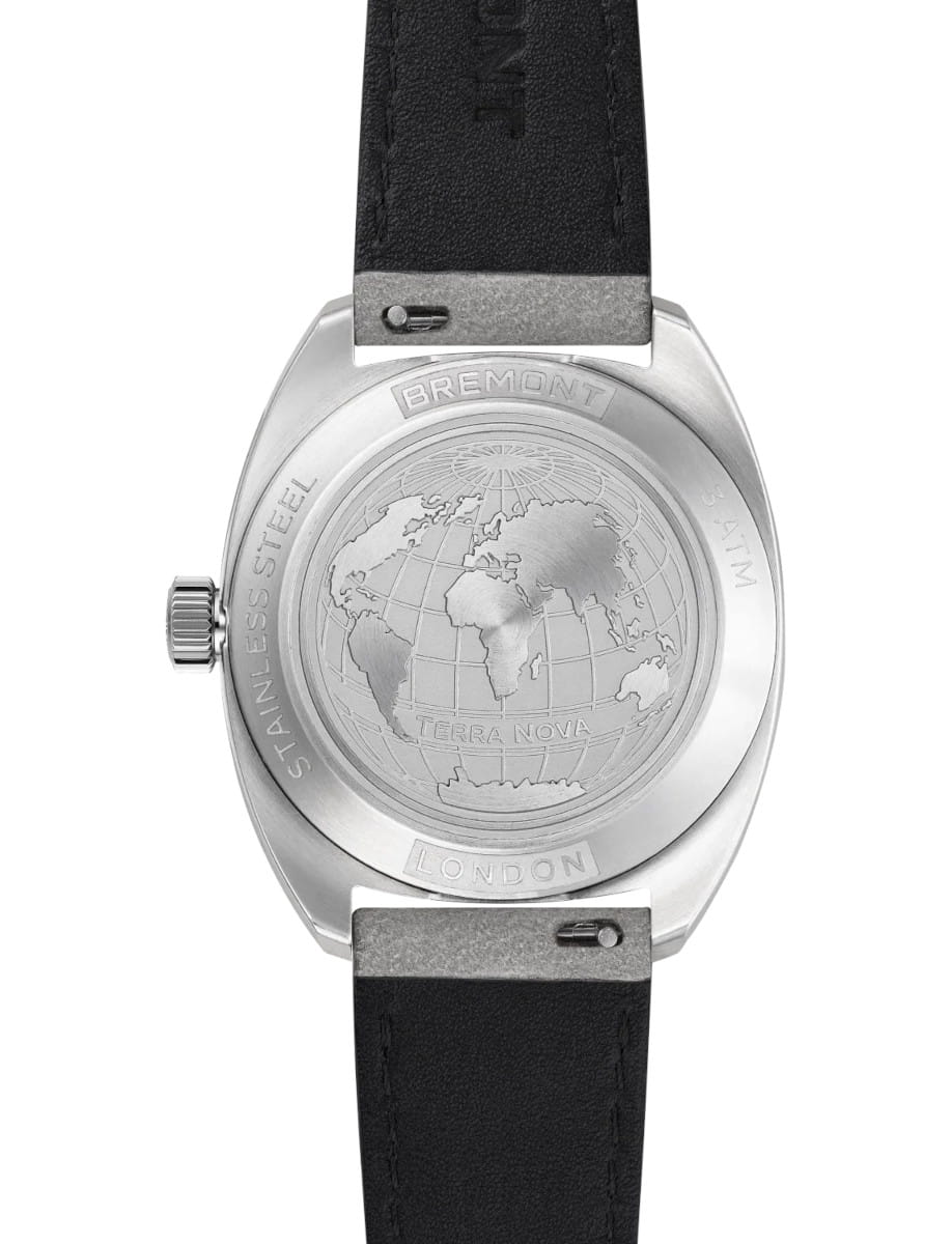 Stainless steel wristwatch back with engraved globe design, Bremont Terra Nova, London, and strap attachment points visible