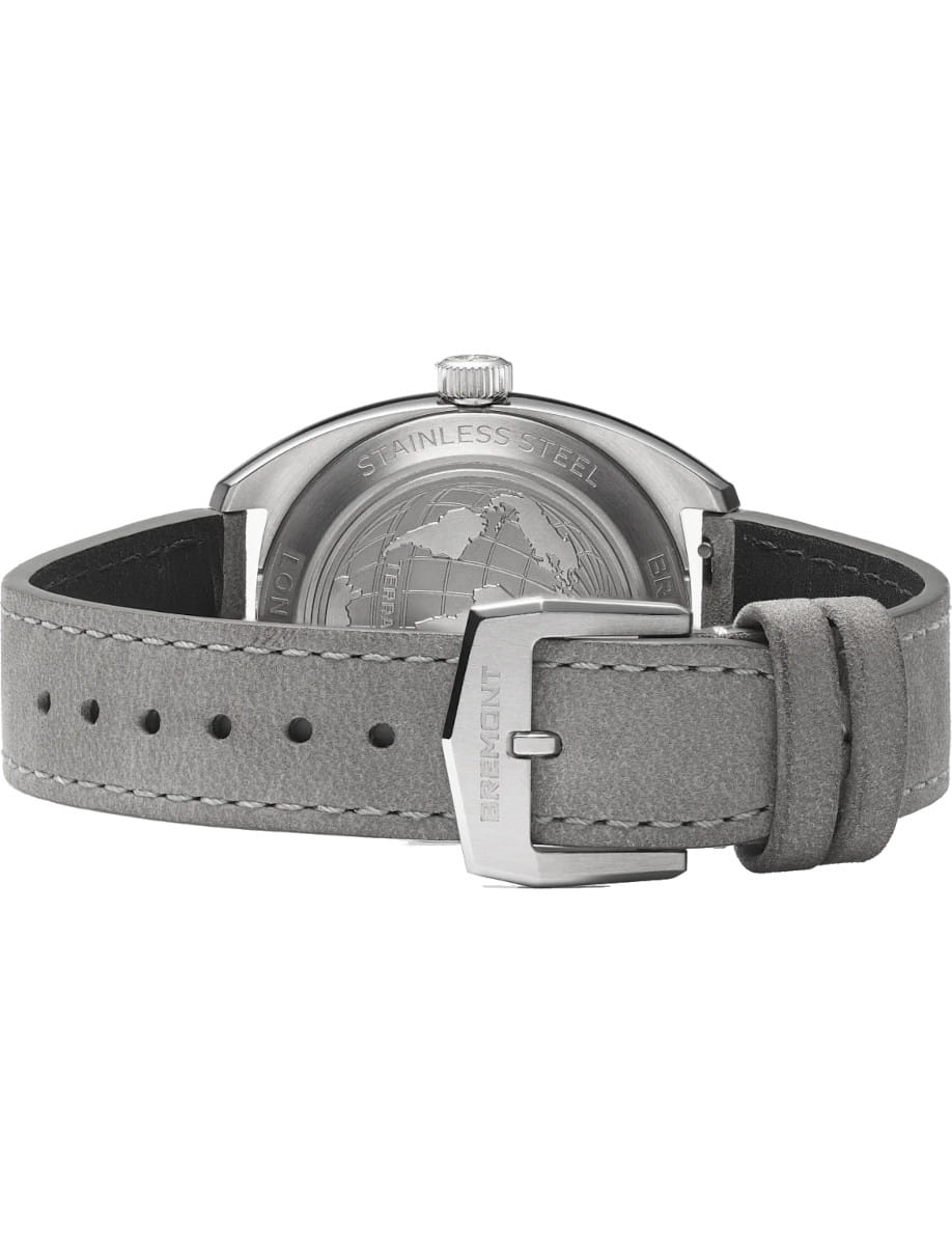 Breitling watch back view with a grey leather strap and stainless steel buckle visible.