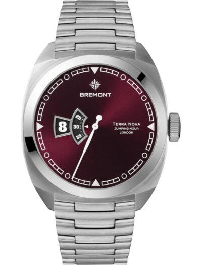 Bremont wristwatch with a burgundy sunray dial, stainless steel case and bracelet.