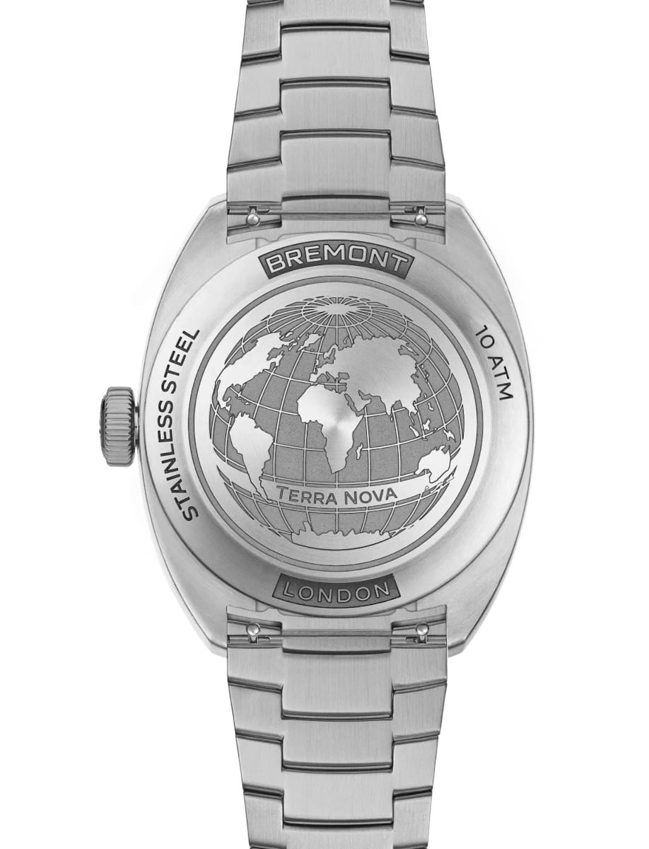 Bremont watch back with globe engraving, stainless steel case, and London label, stainless steel bracelet.