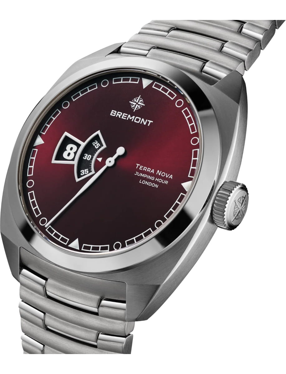 Bremont Terra Nova wristwatch with a burgundy dial, stainless steel case and bracelet.