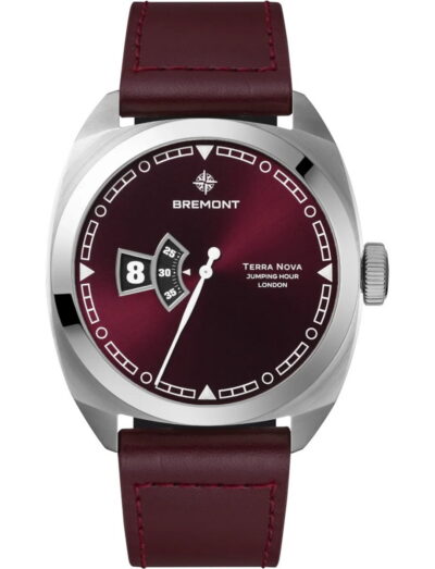 Bremont Terra Nova wristwatch with burgundy dial, steel case, burgundy leather strap, and a date window with jumping-hour display at left.