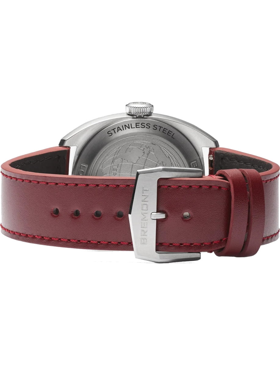 Back view of a wristwatch with a burgundy leather strap and stainless steel case; metal buckle engraved with branding.