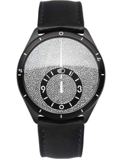 Ressence wristwatch with Grade 5 Titanium case, black dial, and black calf leather strap.