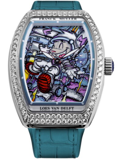 Franck Muller watch with diamond bezel and blue leather strap, featuring a colorful cartoon scene on the dial.