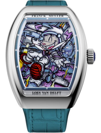 Franck Muller watch with stainless steel case and blue leather strap, featuring a colorful cartoon scene on the dial.