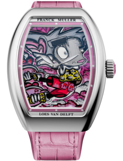 Franck Muller watch with stainless steel case and pink leather strap, featuring a colorful cartoon scene on the dial.