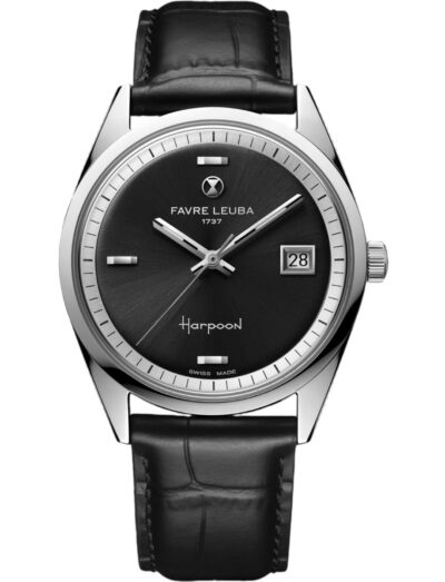 Favre Leuba wristwatch with stainless steel case, black dial and black leather strap