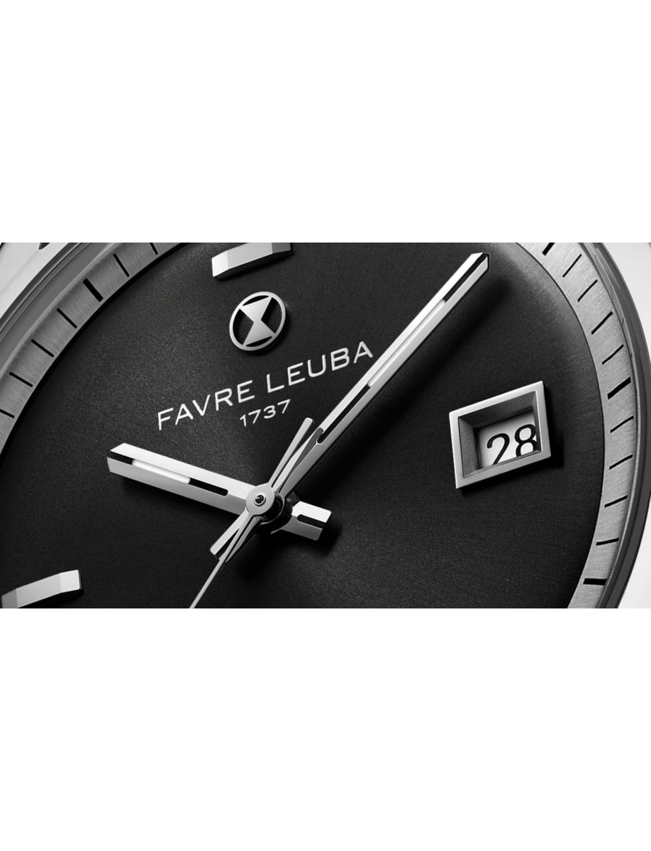 Close-up of a Favre Leuba wristwatch dial with silver hands, black face, and a date window showing 28.