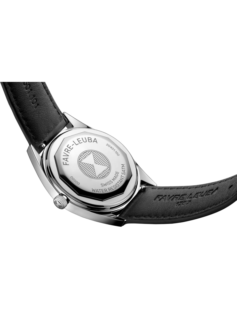 Back view of a silver wristwatch with a black leather strap; the case back is engraved with Favre-Leuba, Swiss made, water resistant, and a geometric emblem in the center.