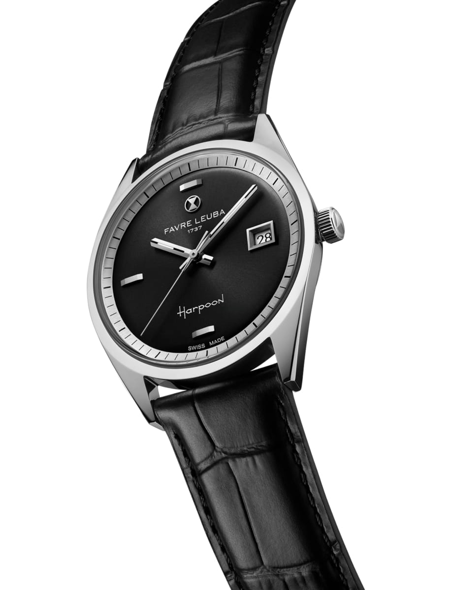 Favre Leuba Harpoon wristwatch with a black dial, silver case, and black leather strap showing date 28.