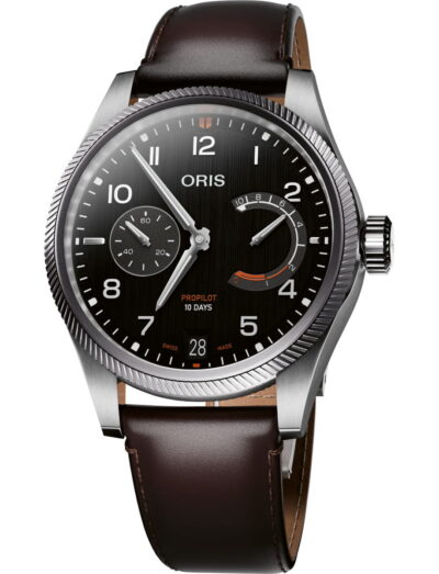 Oris ProPilot watch with stainless steel case, black dial, white numerals, two subdials, date window, and dark brown cordovan leather strap