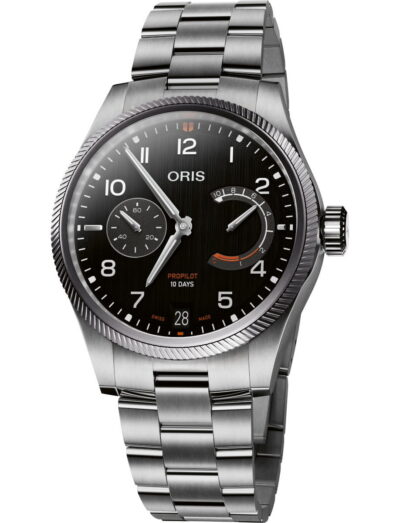 Oris ProPilot watch with stainless steel case and bracelet, black dial, white numerals, two subdials, and date window.