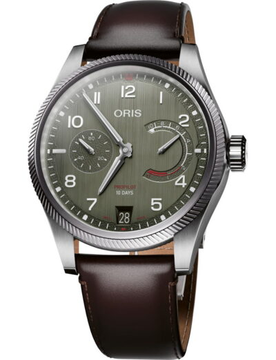 Oris Propilot 10 Days wristwatch with green dial, stainless steel case, and brown leather strap; features subdial at 9 o'clock and date window at 6 o'clock with a power-reserve indication.