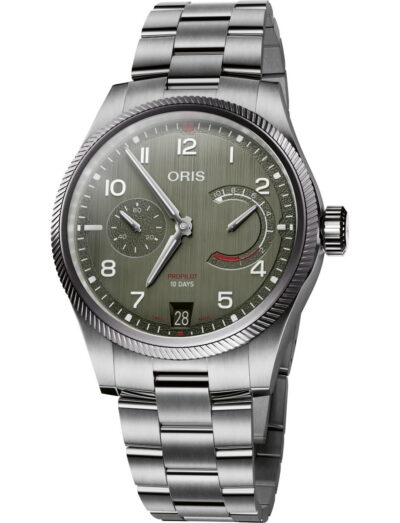 Oris wristwatch with a green dial, stainless steel case and bracelet, featuring subdials and a date window at 6 o'clock.