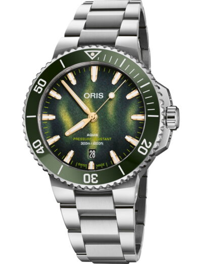 Oris Aquis watch with ocean green green dial and bezel and stainless steel case and bracelet.