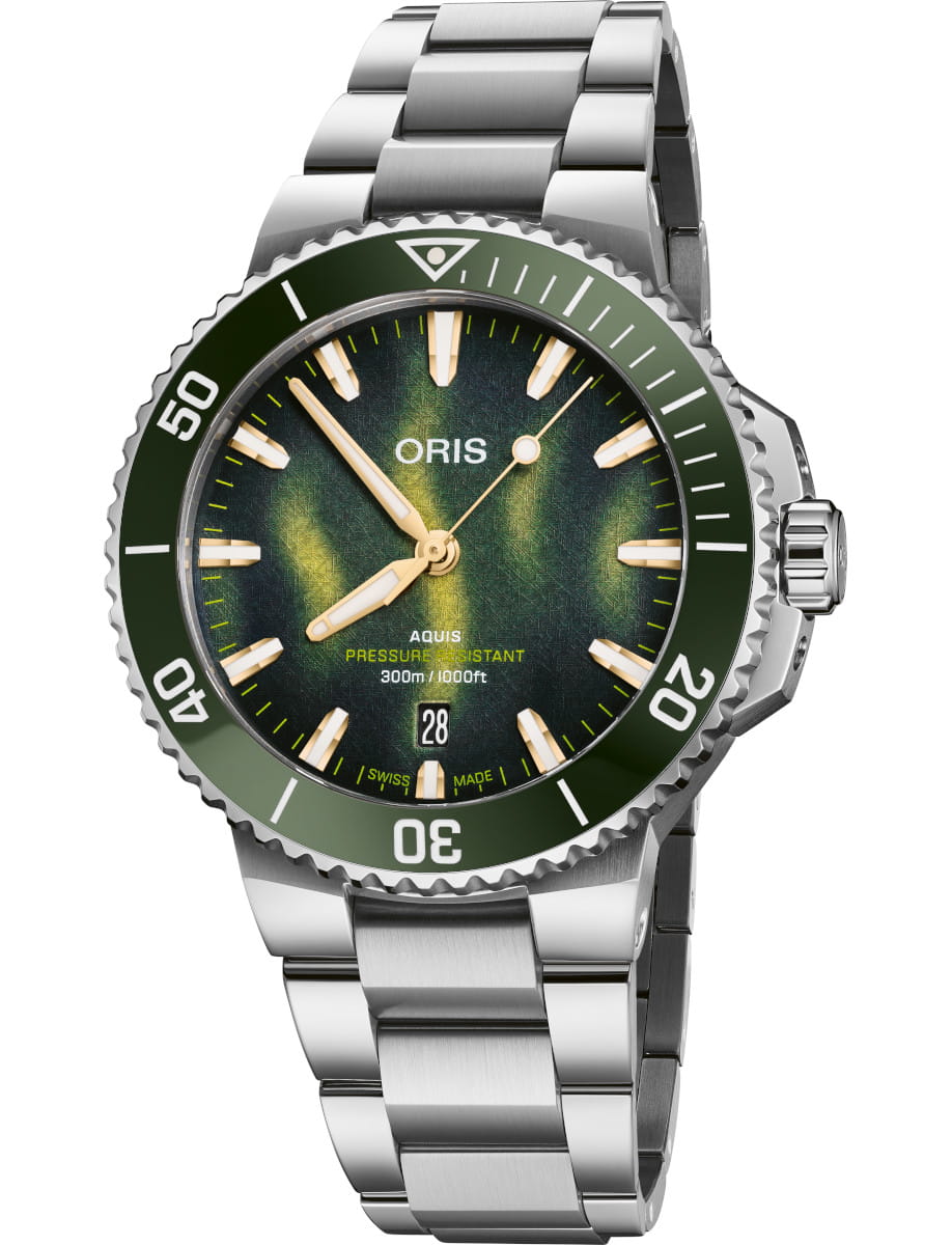Oris Aquis wristwatch with green bezel and dial, stainless steel bracelet, and date window at 6 o'clock.