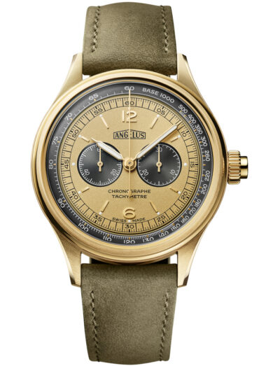 Angélus chronograph watch with 18k yellow gold case, yellow and green dial, tachymeter scale, and sage green calfskin leather strap.