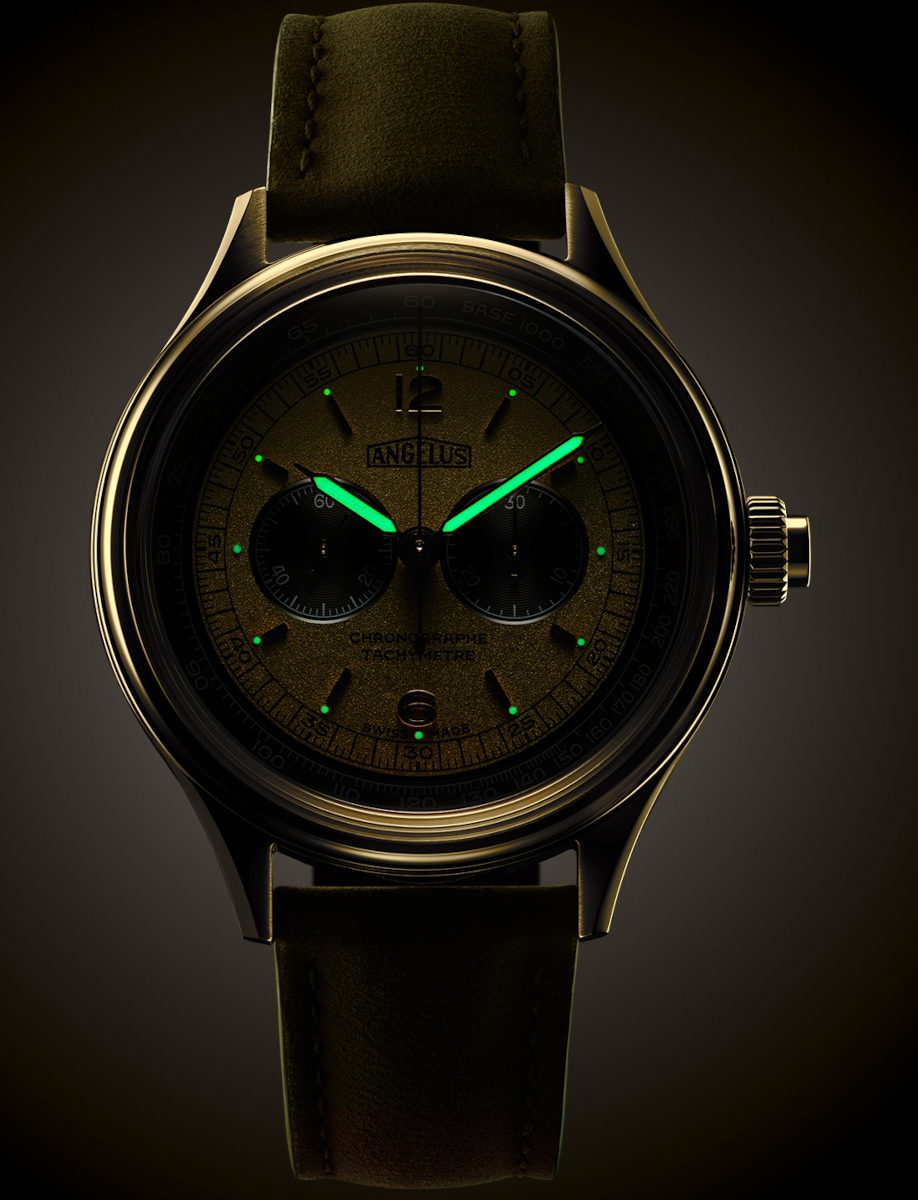 Night view of Angélus chronograph watch with 18k yellow gold case, yellow and green dial, tachymeter scale, luminous hands and hour markers and sage green calfskin leather strap.
