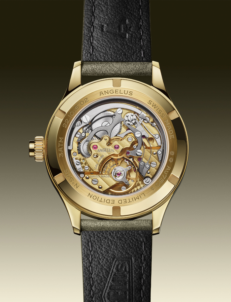 Angélus 18k yellow gold wristwatch with a transparent caseback revealing intricate mechanical movement and gears, and leather strap.