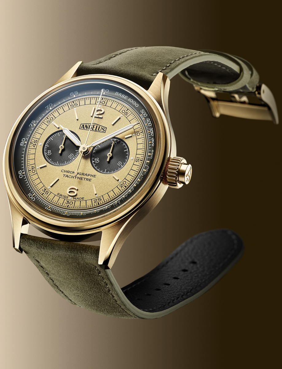 Side view of Angélus chronograph watch with 18k yellow gold case, yellow and green dial, tachymeter scale, and sage green calfskin leather strap.