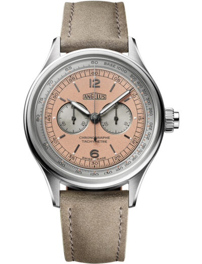 Angélus chronograph watch with stainless steel case, coral-pink dial, tachymeter scale, and sepia grey leather strap.