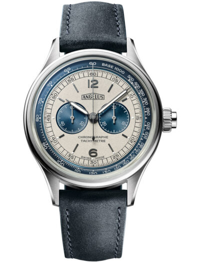 Angélus chronograph watch with stainless steel case, blue and grey dial, tachymeter scale, and blue calf leather strap.
