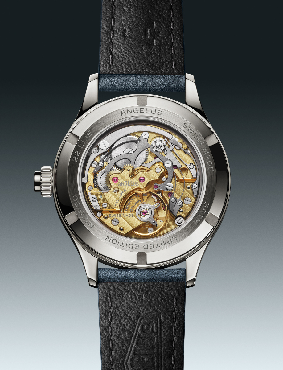 Transparent case back reveals gold and silver mechanical movement of a luxury Angelus watch, with 'SWISS MADE' and 'LIMITED EDITION' engravings, blue leather strap visible.