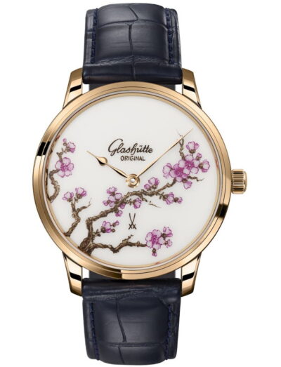 Glashutte wristwatch with red gold case, MEISSEN porcelain dial and alligator leather strap