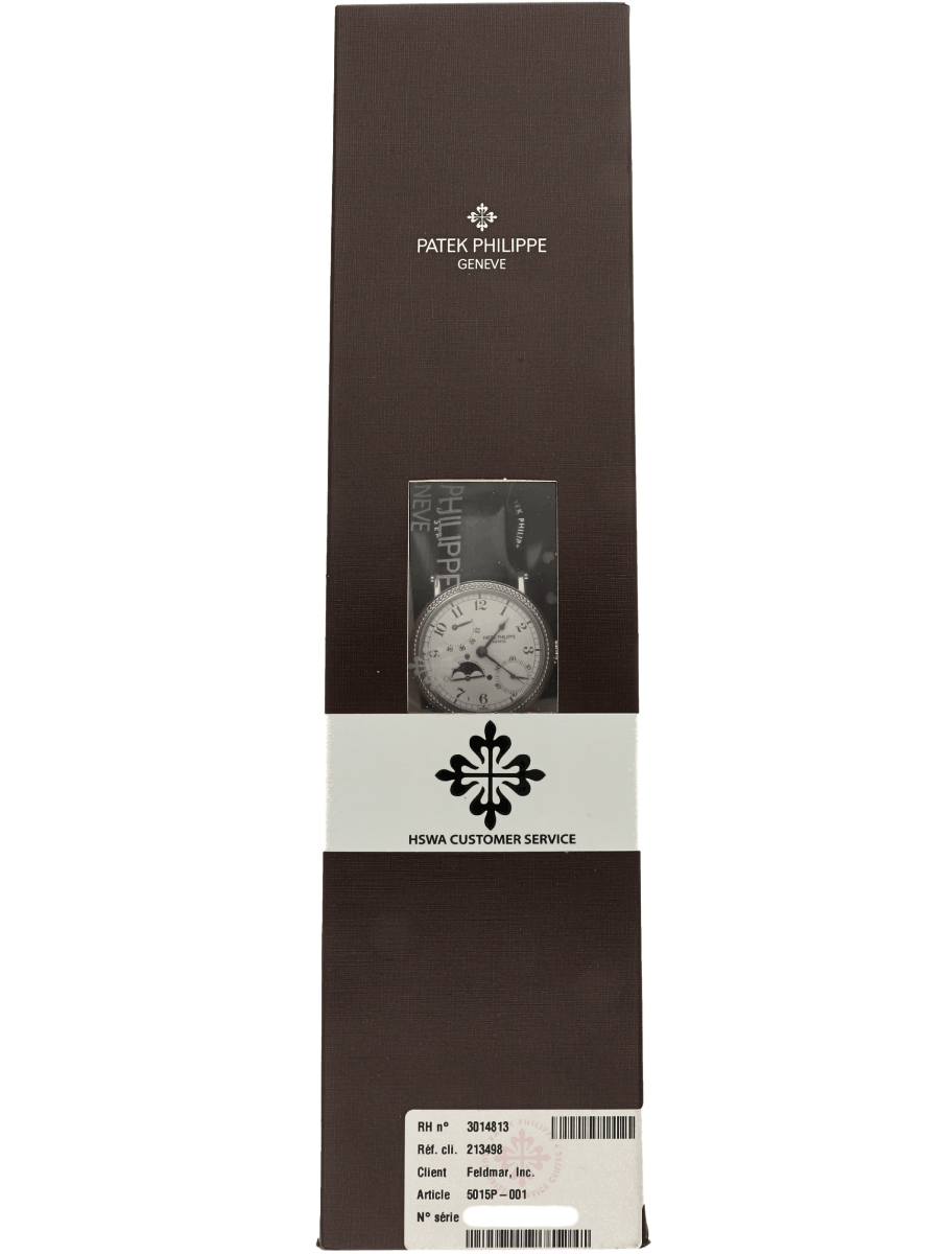 Brown Patek Philippe packaging with a small display window showing a classic watch and 'HSWA Customer Service' band across the middle.