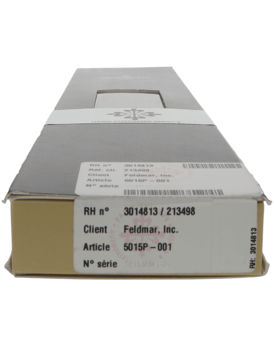 Cardboard shipping box with a white label showing client Feldmar, Inc. and article 5015P-001