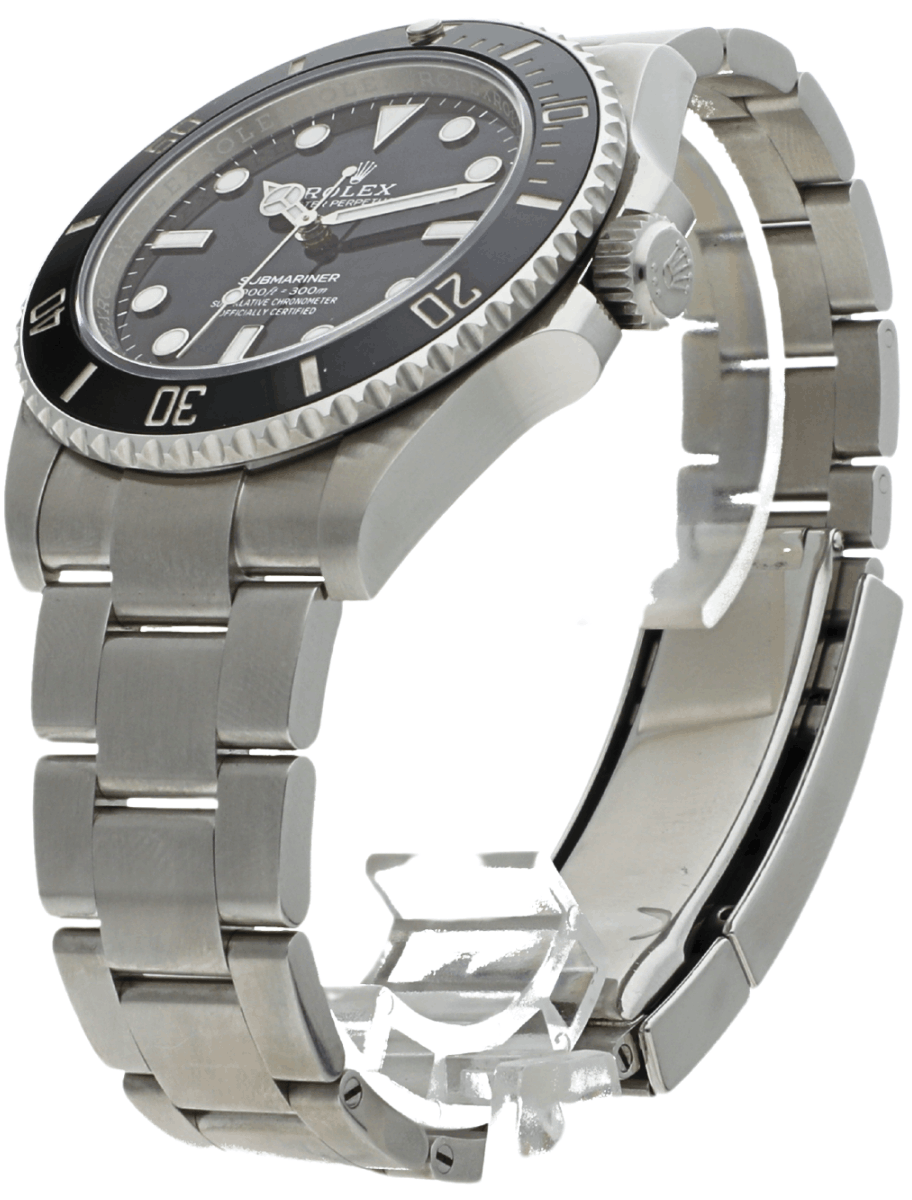 Front left side view of Pre-owned Rolex Submariner wristwatch with oystersteel case and bracelet, and black dial.