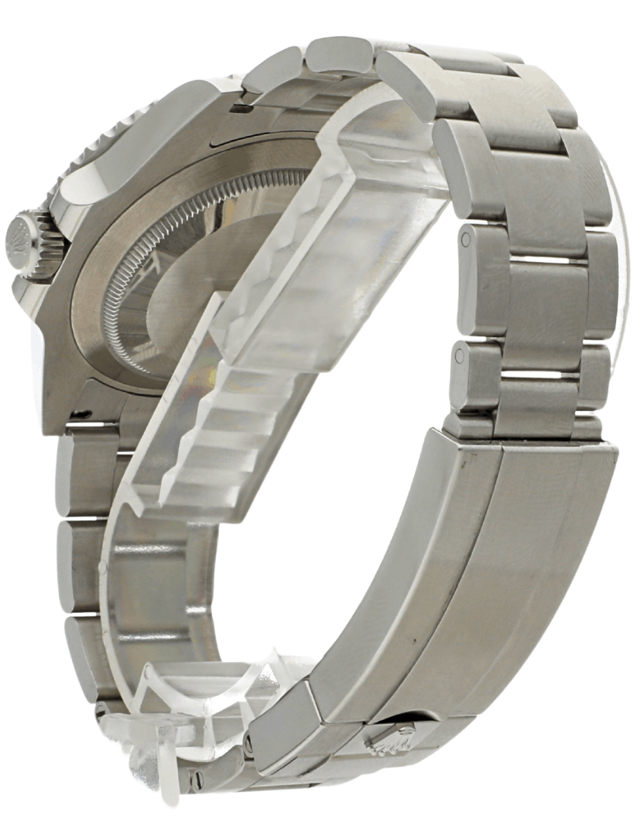 Back view of pre-owned Rolex Submariner wristwatch with oystersteel case and bracelet.