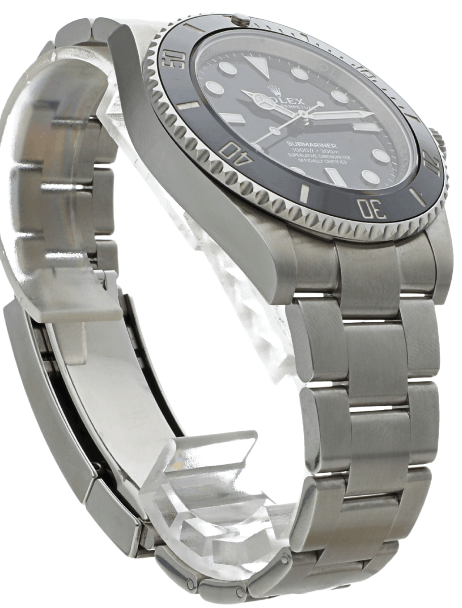 Front right side view of Pre-owned Rolex Submariner wristwatch with oystersteel case and bracelet, and black dial.