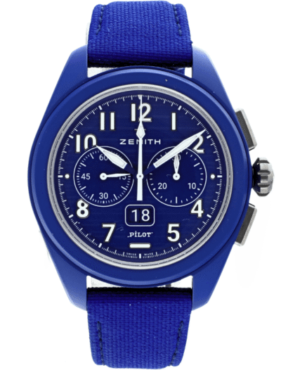 Pre-owned Zenith Pilot chronograph wristwatch with a blue fabric strap and large white numerals on a blue dial, date window showing 18 and blue ceramic case.