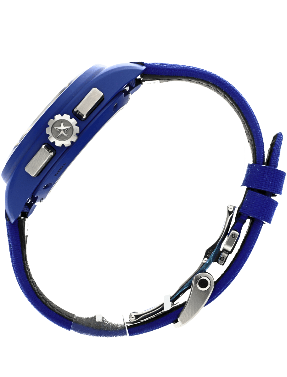 Side view of pre-owned Zenith Pilot chronograph wristwatch with a blue fabric strap and blue ceramic case.
