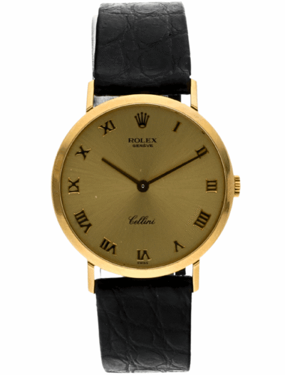 Pre-owned Rolex wristwatch with yellow gold case and dial, and black alligator leather strap.