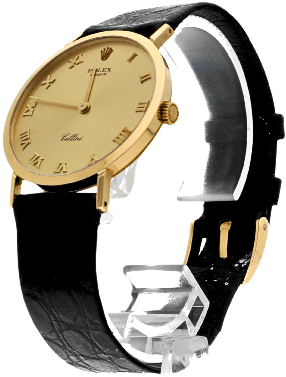 Front left view of pre-owned Rolex wristwatch with yellow gold case and dial, and black alligator leather strap.