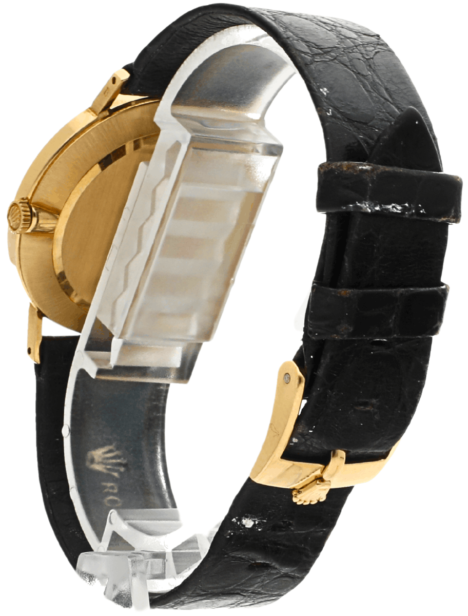 Back view of pre-owned Rolex wristwatch with yellow gold case, and black alligator leather strap.