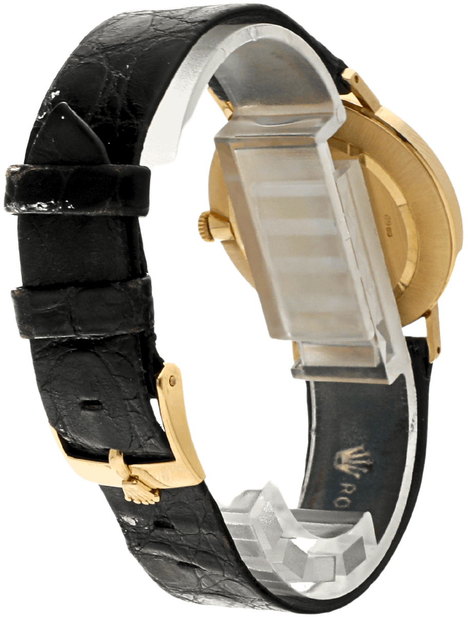Back view of pre-owned Rolex wristwatch with yellow gold case, and black alligator leather strap.