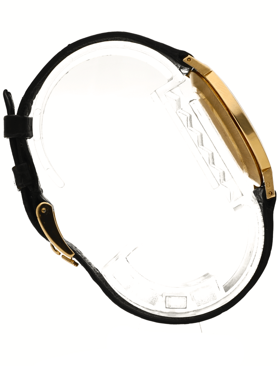 Side view of pre-owned Rolex wristwatch with yellow gold case and dial, and black alligator leather strap.