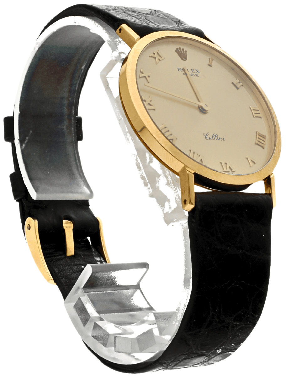 Front right view of pre-owned Rolex wristwatch with yellow gold case and dial, and black alligator leather strap.