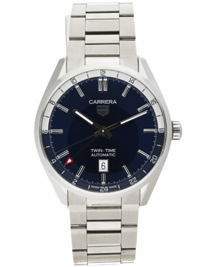 Pre-owned TAG Heuer Carrera wristwatch with stainless steel case and bracelet, and blue dial.
