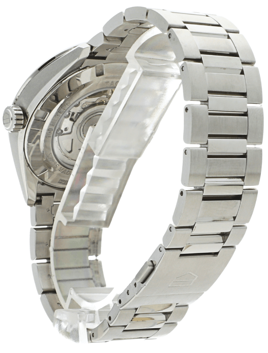 Back view of Pre-owned TAG Heuer Carrera wristwatch with stainless steel case and bracelet.