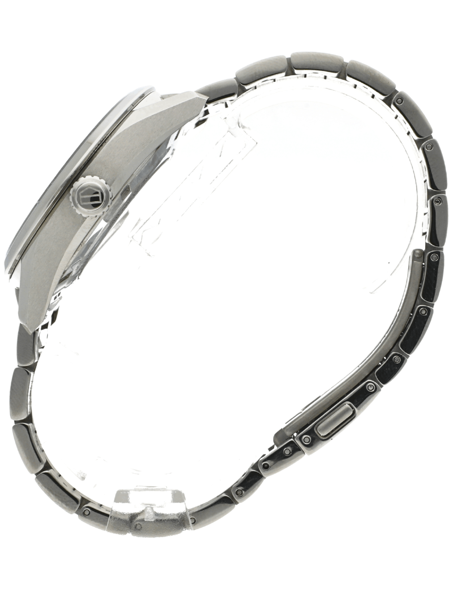 Side view of Pre-owned TAG Heuer Carrera wristwatch with stainless steel case and bracelet.