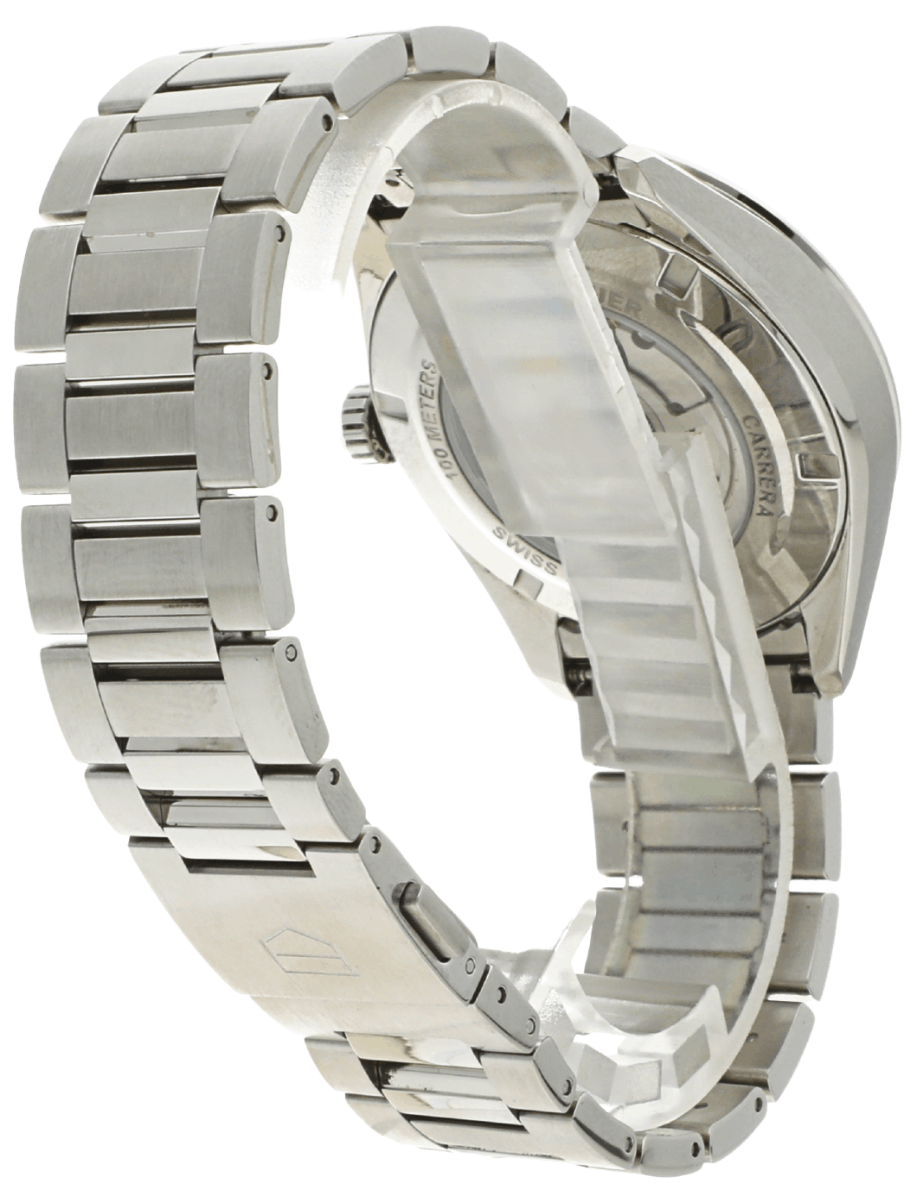 Back view of Pre-owned TAG Heuer Carrera wristwatch with stainless steel case and bracelet.