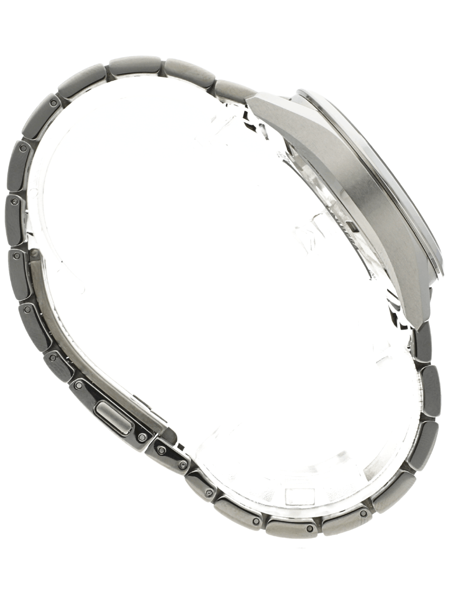 Side view of Pre-owned TAG Heuer Carrera wristwatch with stainless steel case and bracelet.