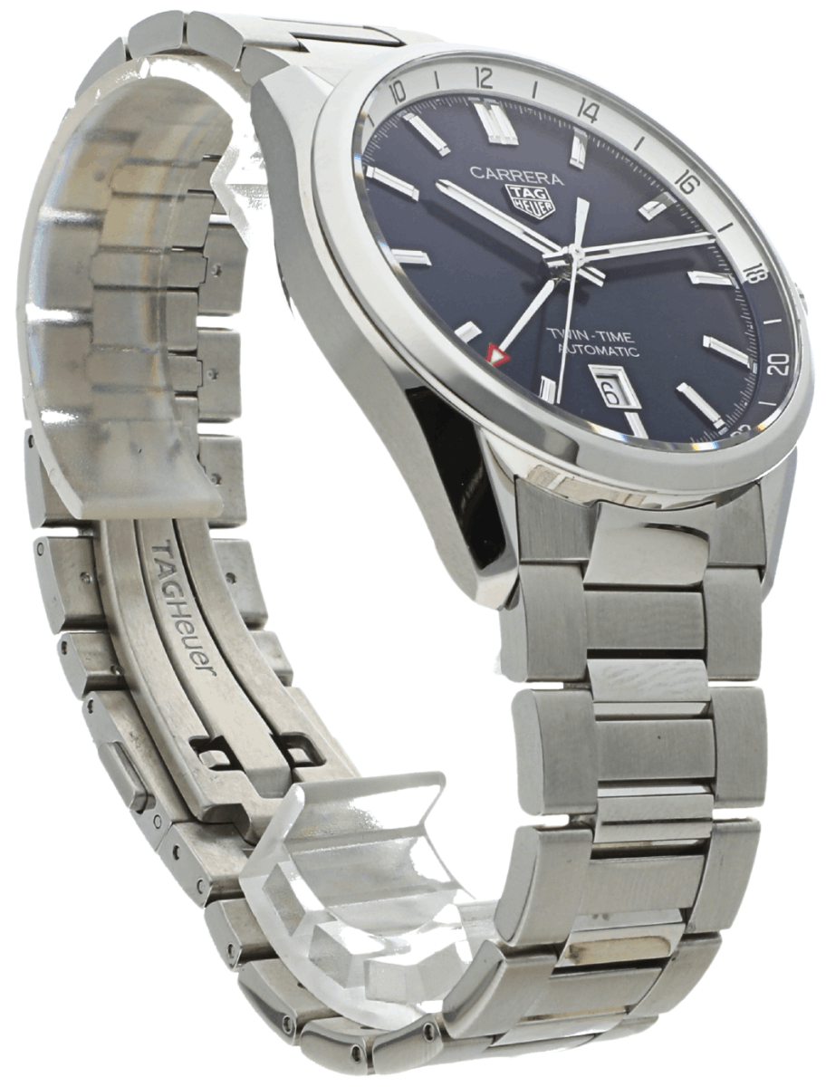 Right side view of Pre-owned TAG Heuer Carrera wristwatch with stainless steel case and bracelet, and blue dial.